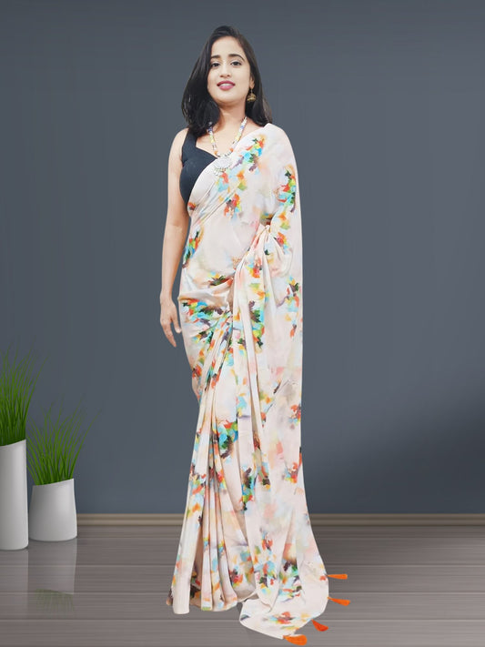 Peach Floral Printed Crepe Saree