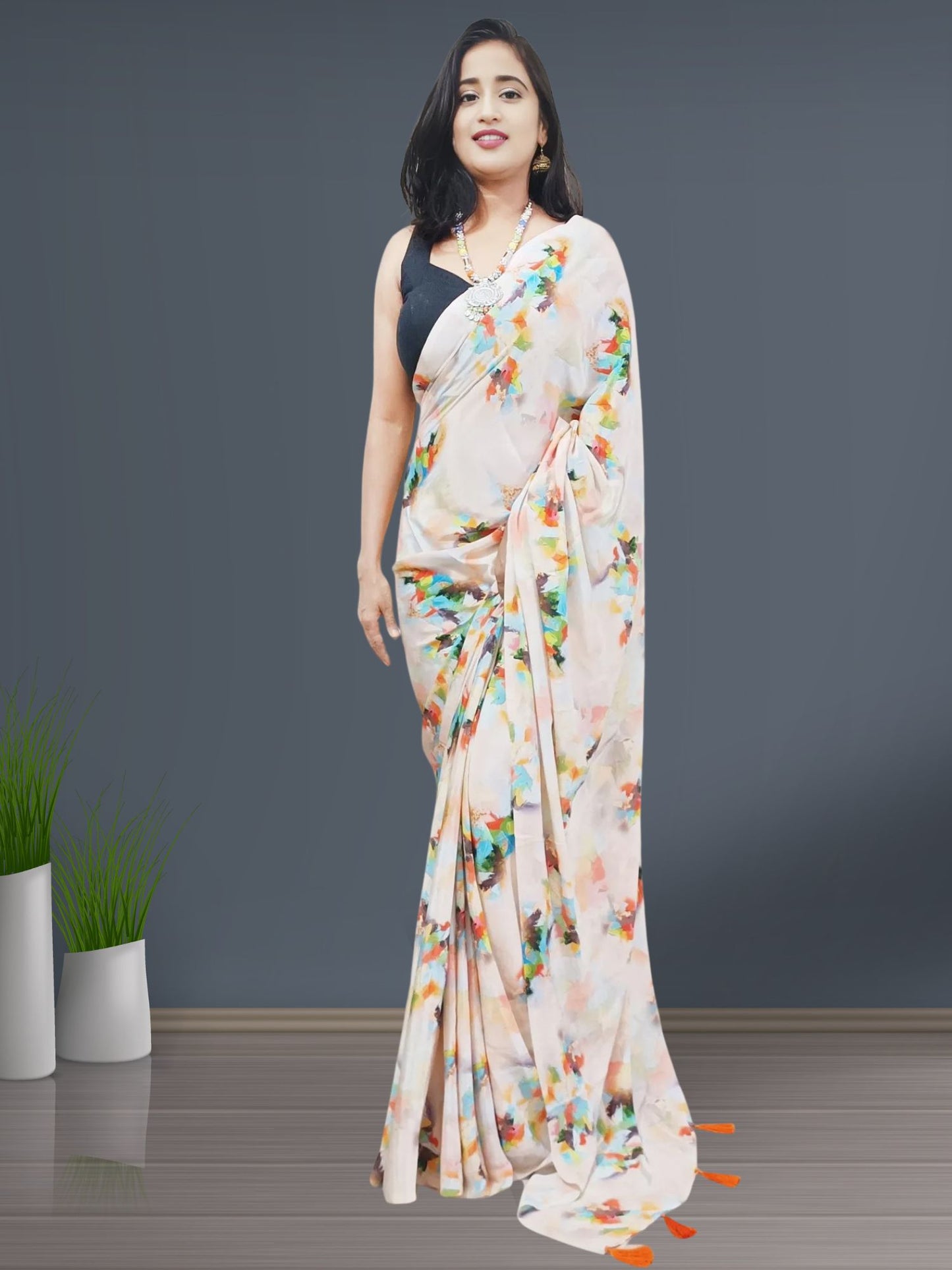 Peach Floral Printed Crepe Saree