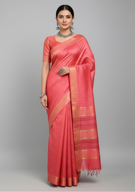 Red Staple Body Saree with Ghicha Silk Pallu