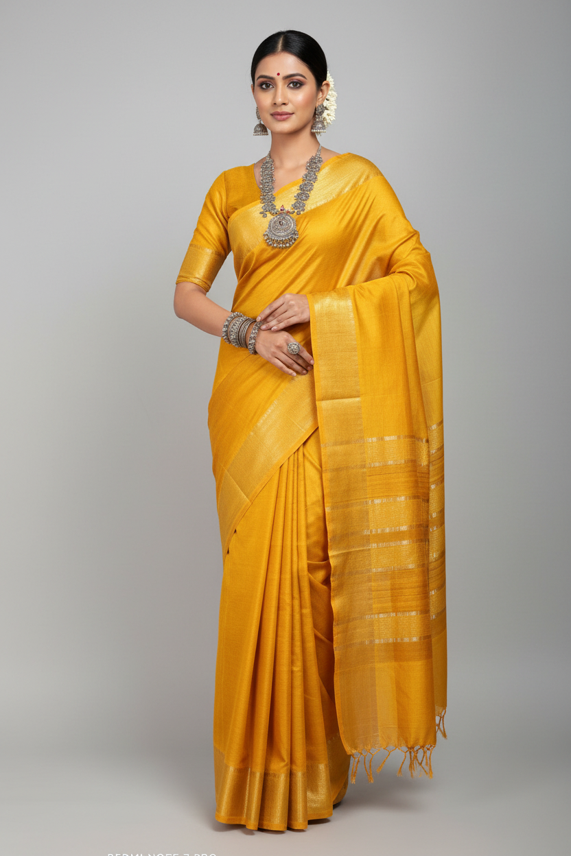 Mustard Staple Body Saree with Ghicha Silk Pallu