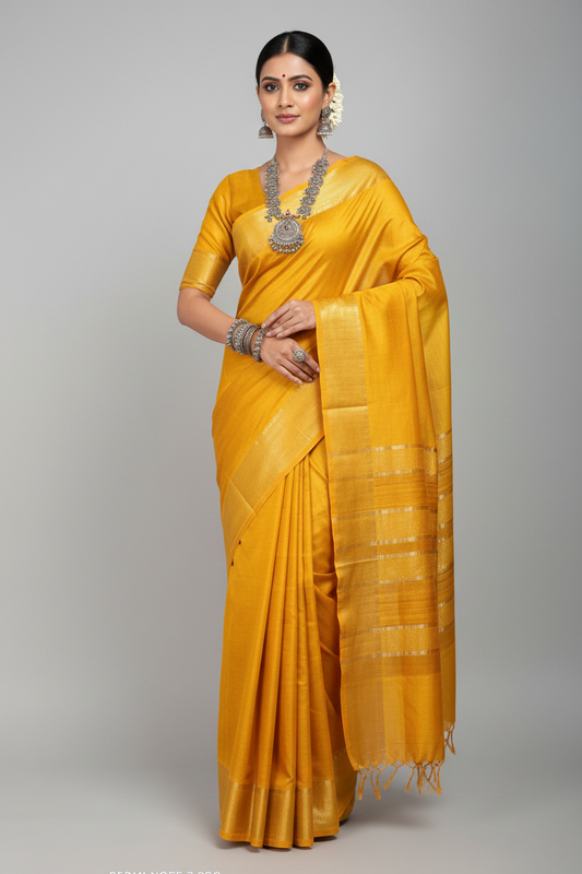 Mustard Staple Body Saree with Ghicha Silk Pallu