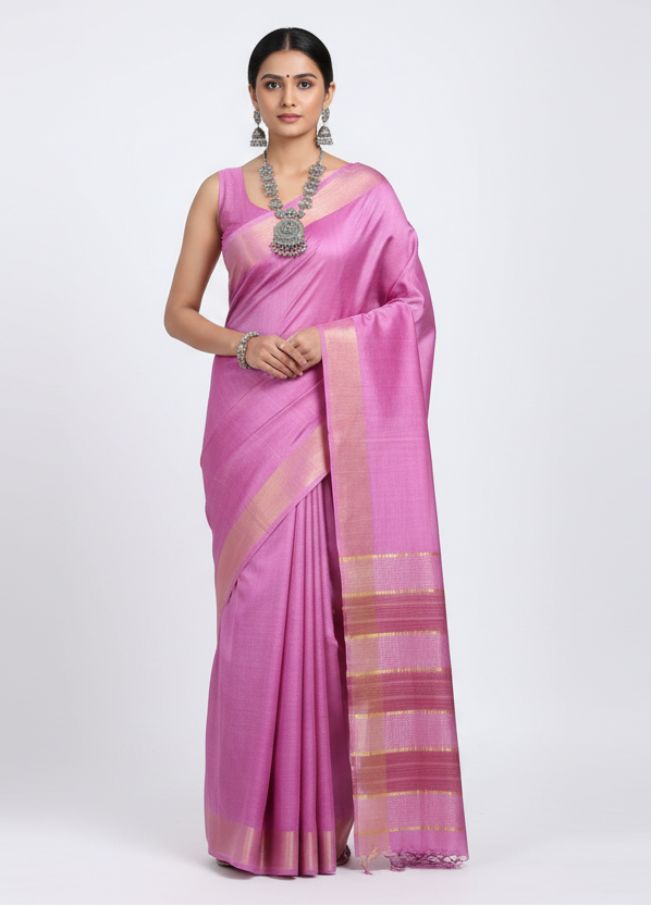 Pink Staple Body Saree with Ghicha Silk Pallu