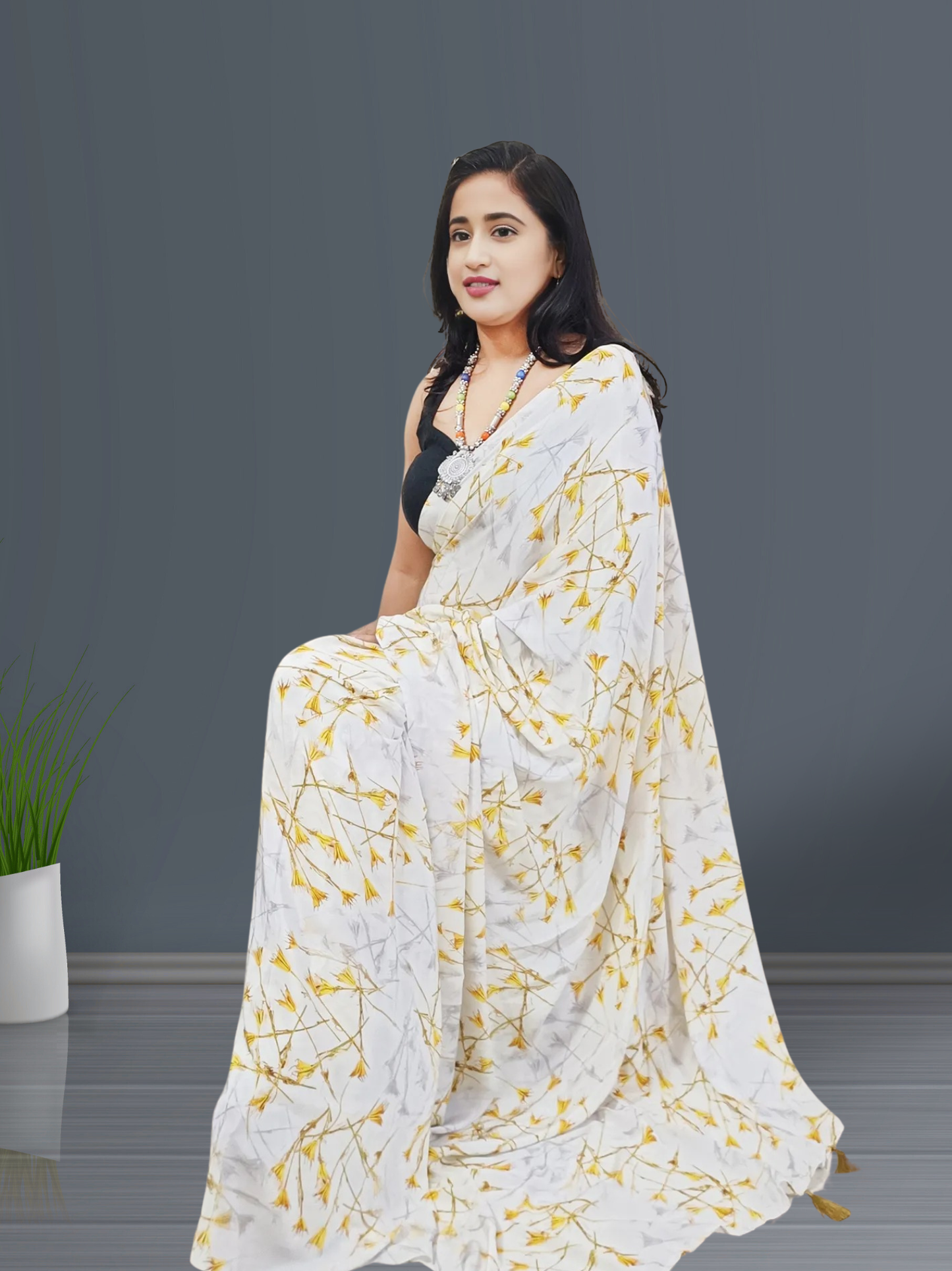 White and Orange Floral Printed Crepe Saree