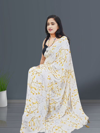 White and Orange Floral Printed Crepe Saree