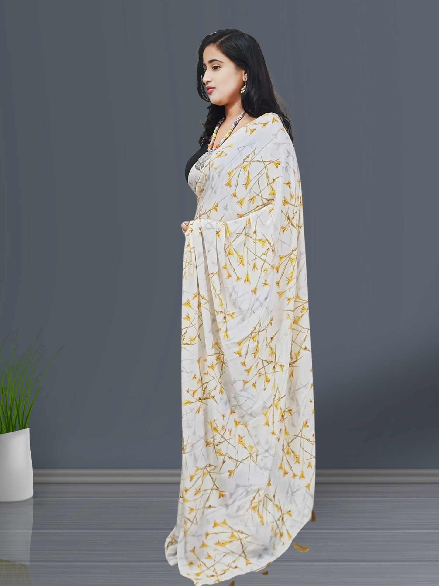 White and Orange Floral Printed Crepe Saree