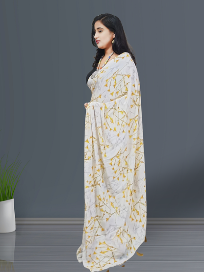 White and Orange Floral Printed Crepe Saree