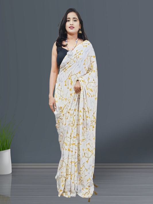 White and Orange Floral Printed Crepe Saree