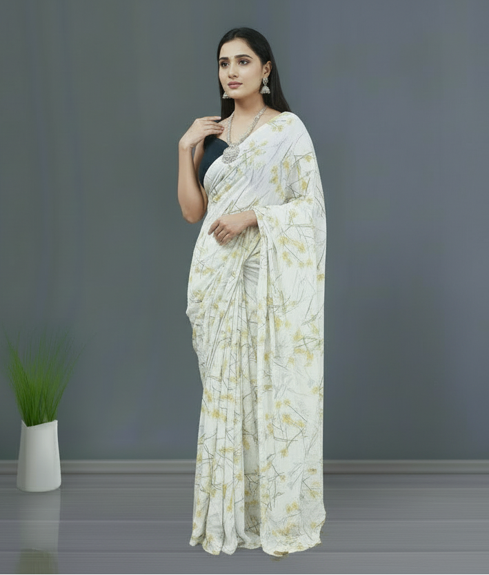 White and Orange Floral Printed Crepe Saree