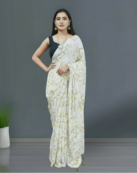 White and Orange Floral Printed Crepe Saree