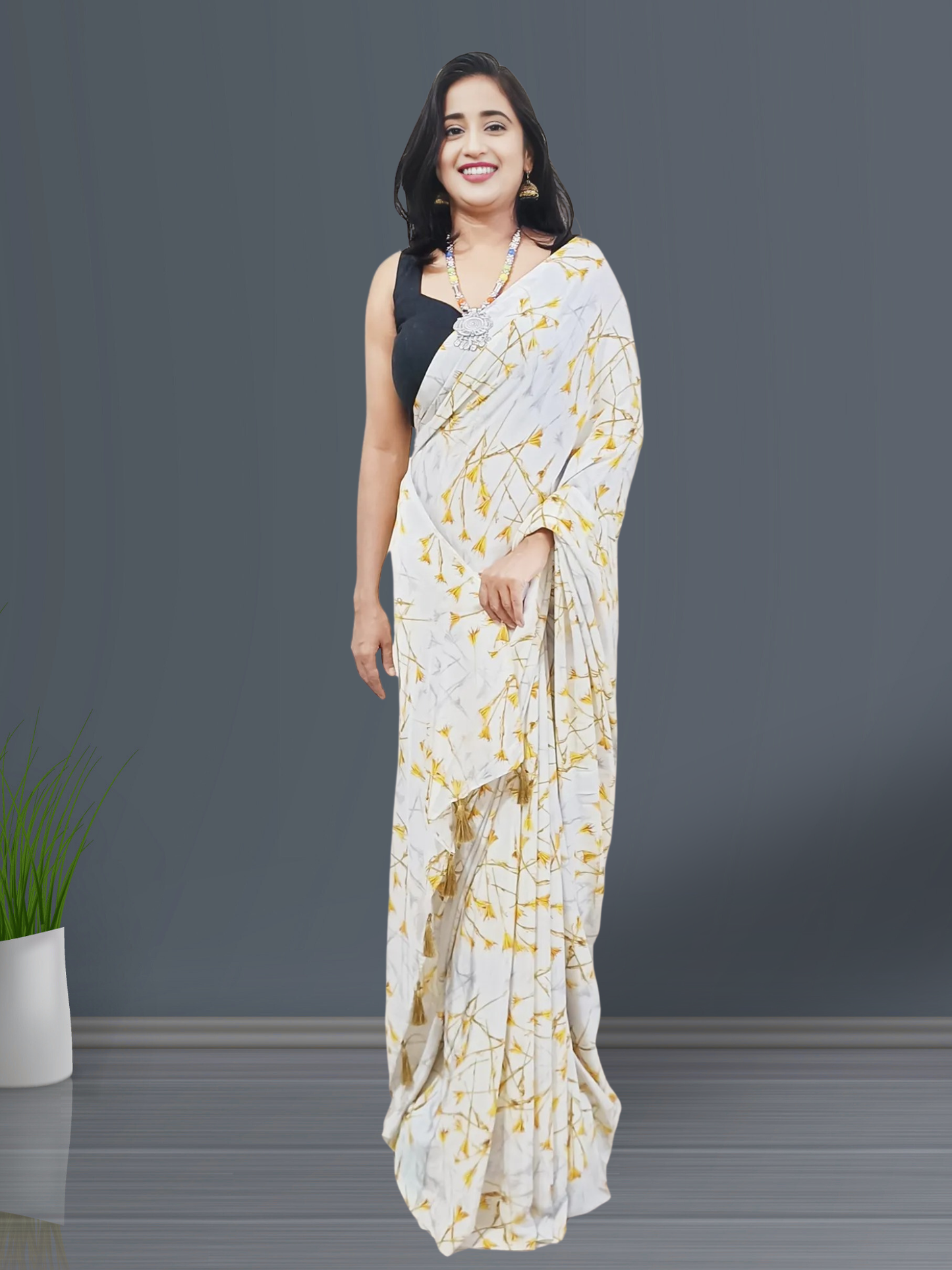 White and Orange Floral Printed Crepe Saree