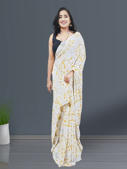 White and Orange Floral Printed Crepe Saree