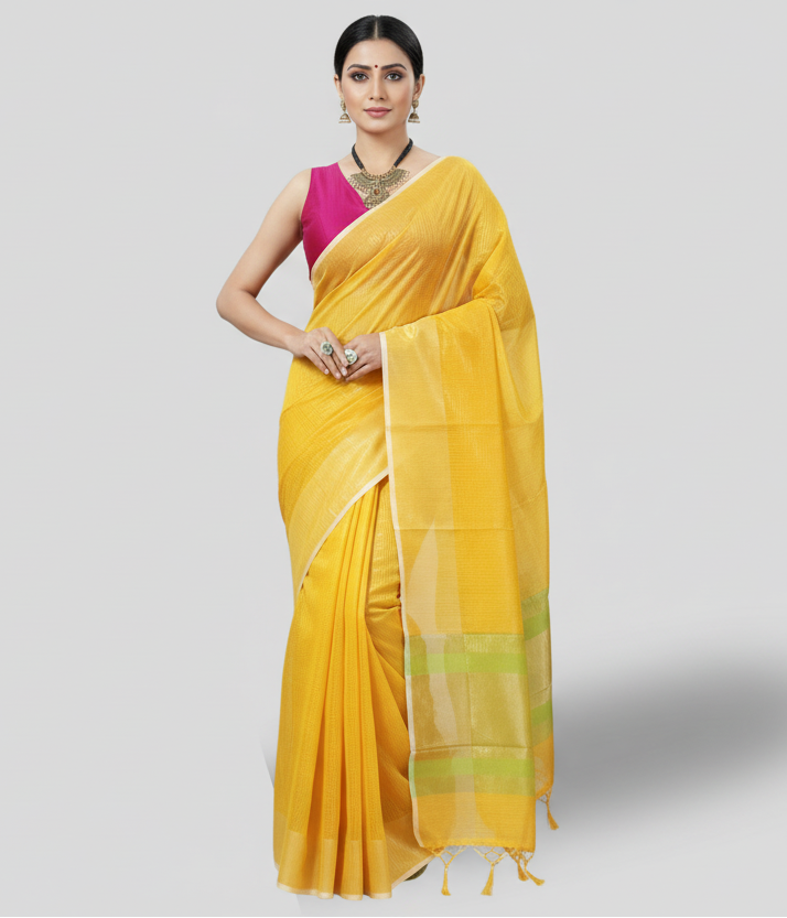 Yellow Zari Checkered Poly Silk Saree