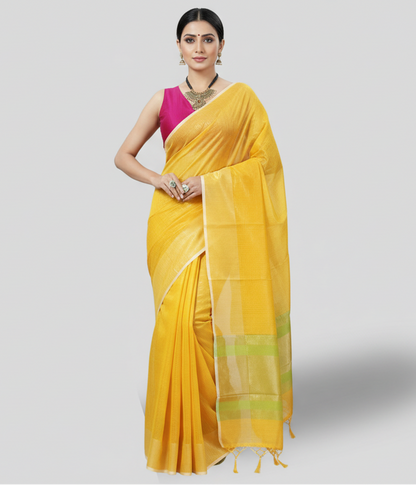 Yellow Zari Checkered Poly Silk Saree