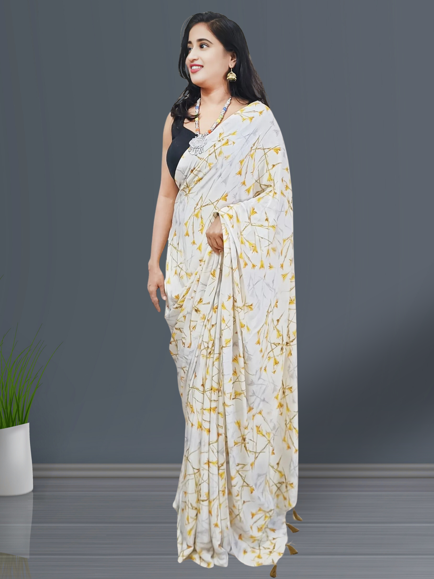 White and Orange Floral Printed Crepe Saree