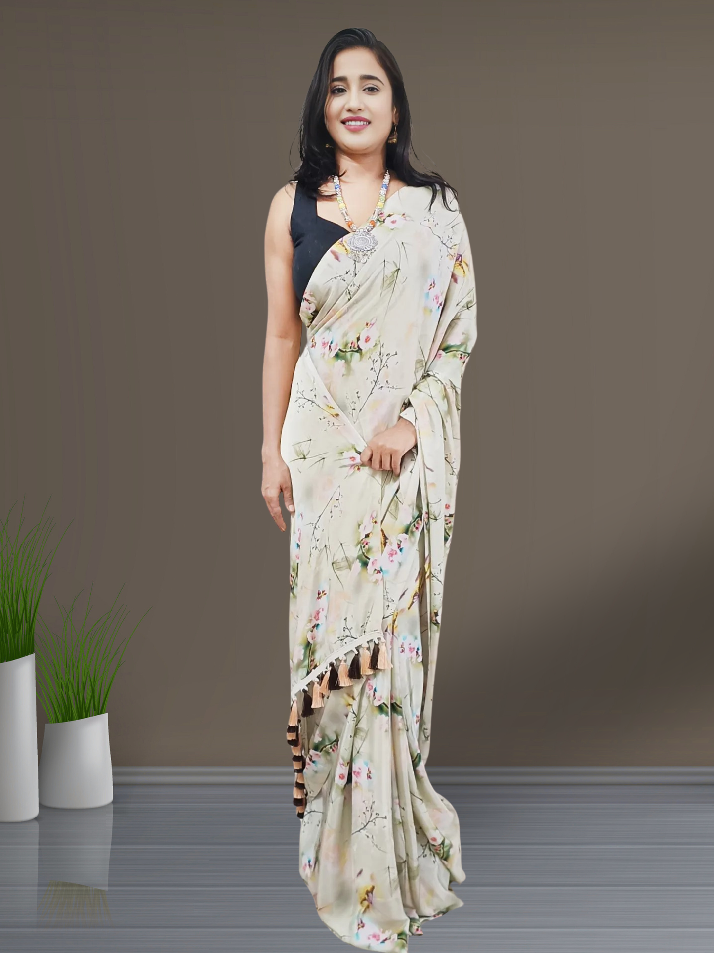 Multi-color Floral Printed Crepe Saree