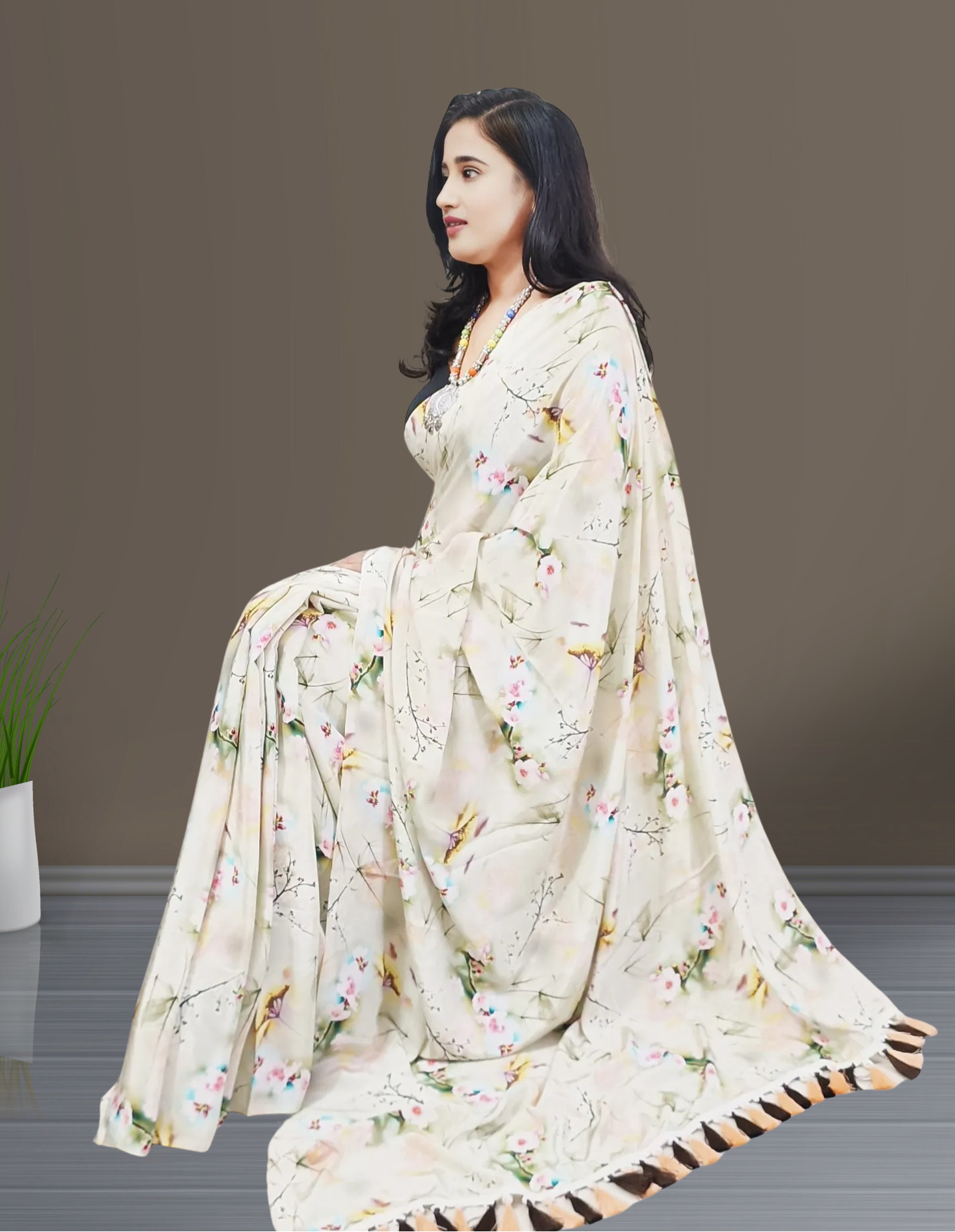 Multi-color Floral Printed Crepe Saree