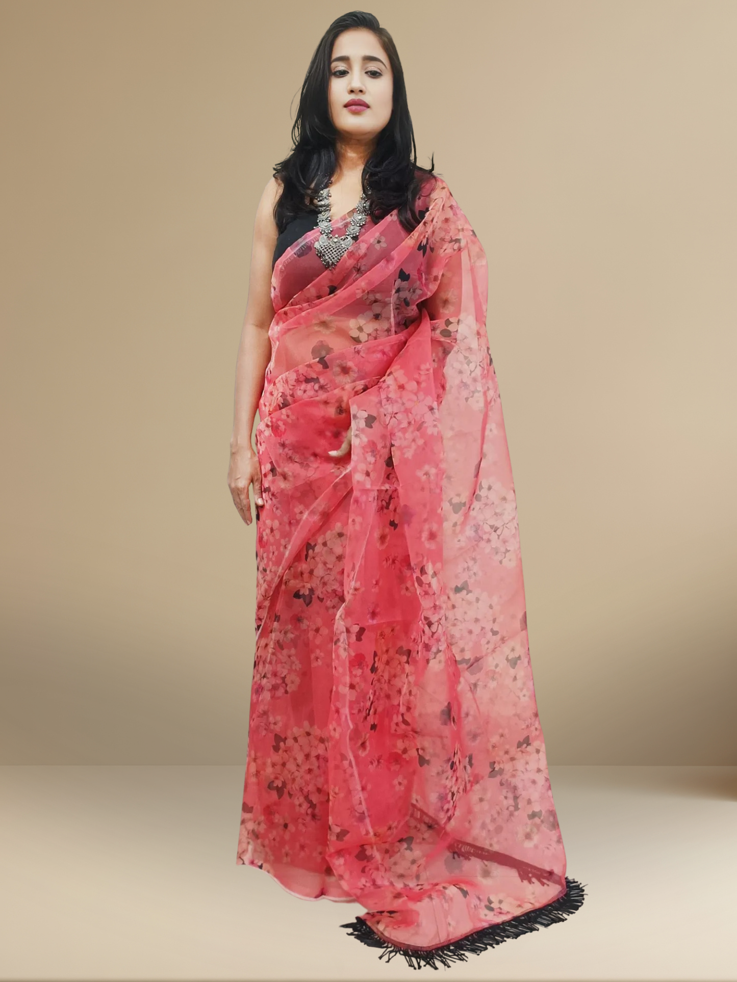 Printed Vermilion Organza Saree