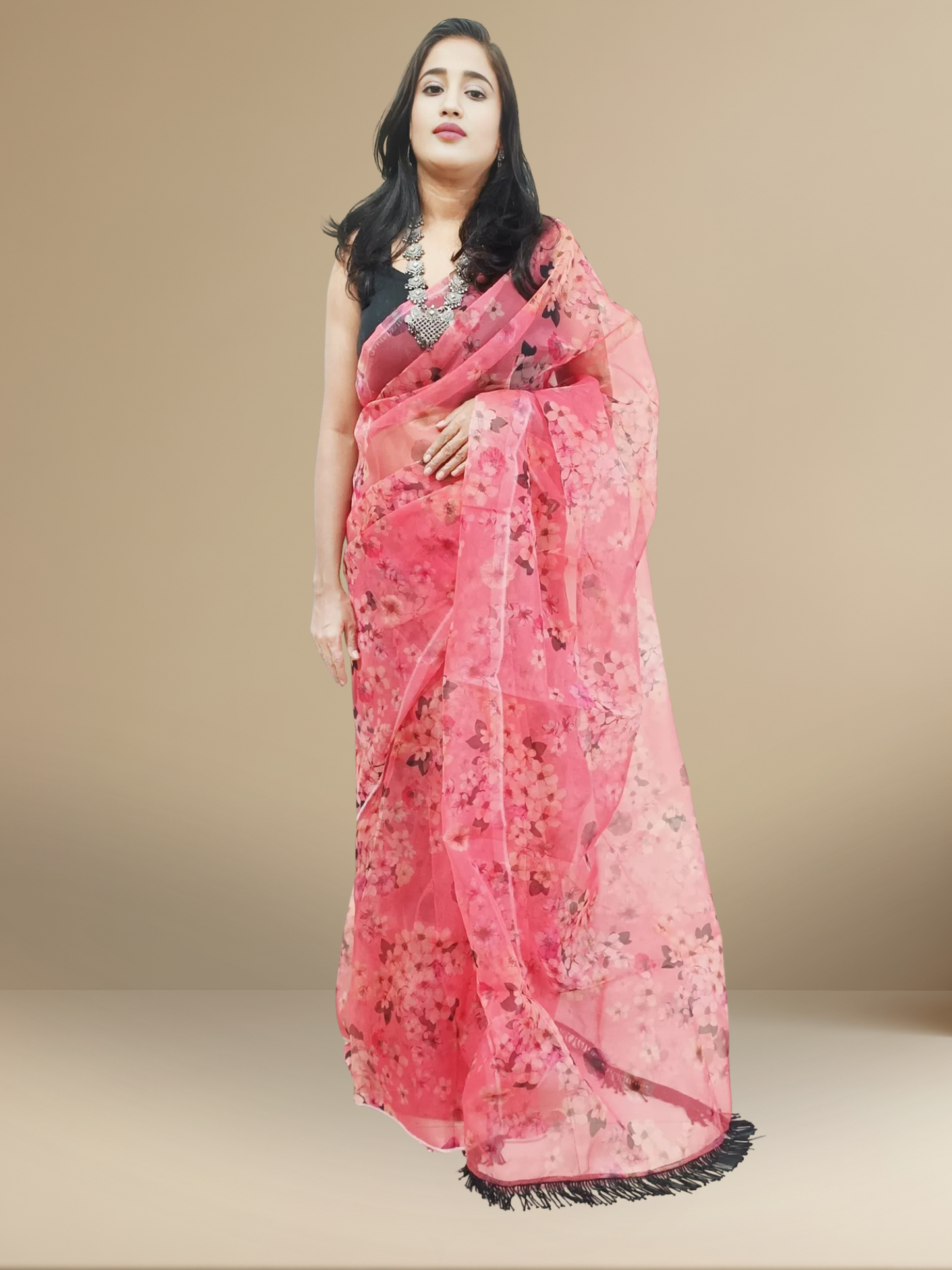 Printed Vermilion Organza Saree