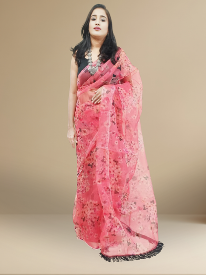 Printed Vermilion Organza Saree