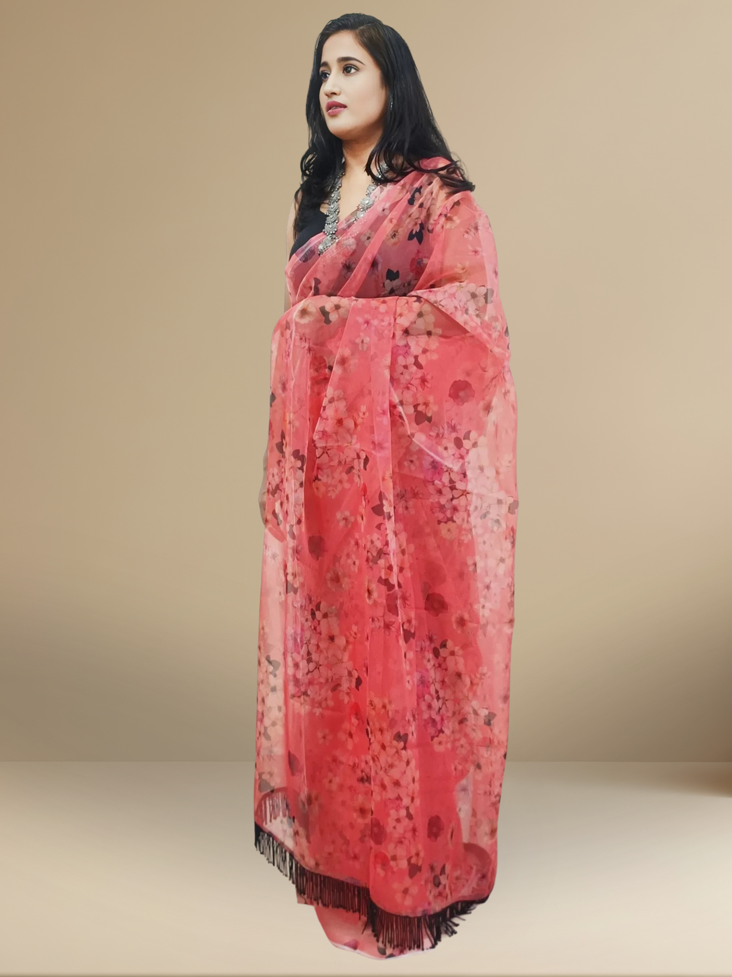 Printed Vermilion Organza Saree