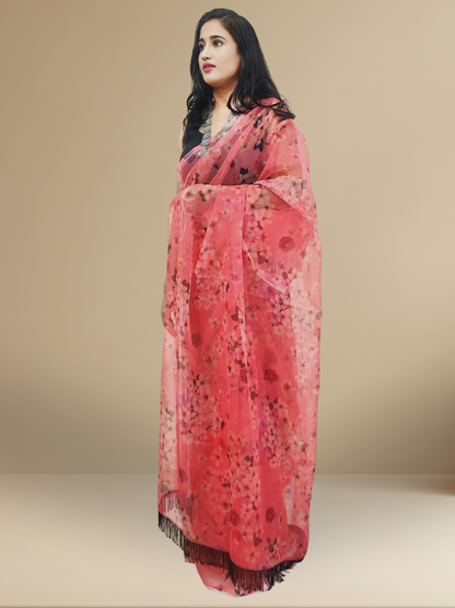 Printed Vermilion Organza Saree