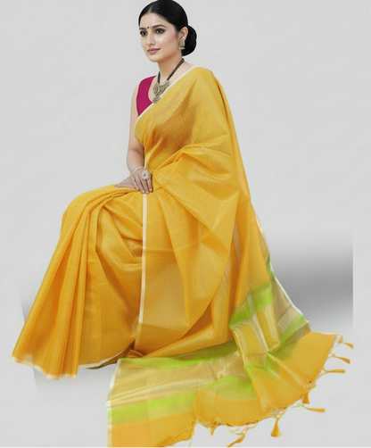 Yellow Zari Checkered Poly Silk Saree