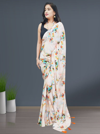 Peach Floral Printed Crepe Saree