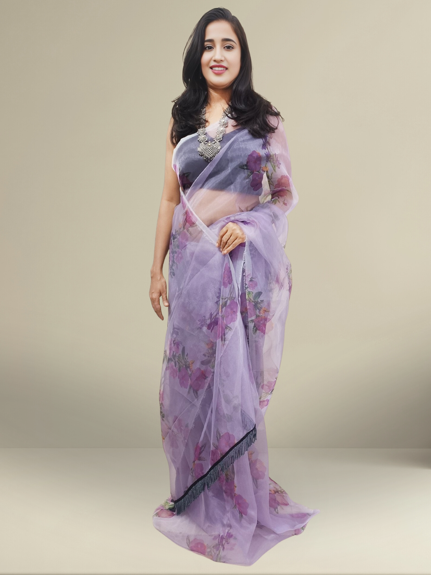 Printed Powder Purple Organza Saree