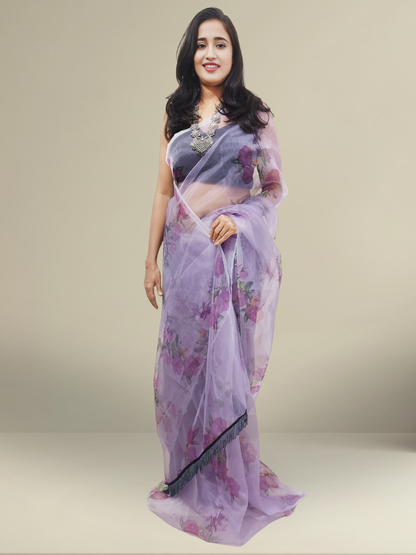 Printed Powder Purple Organza Saree
