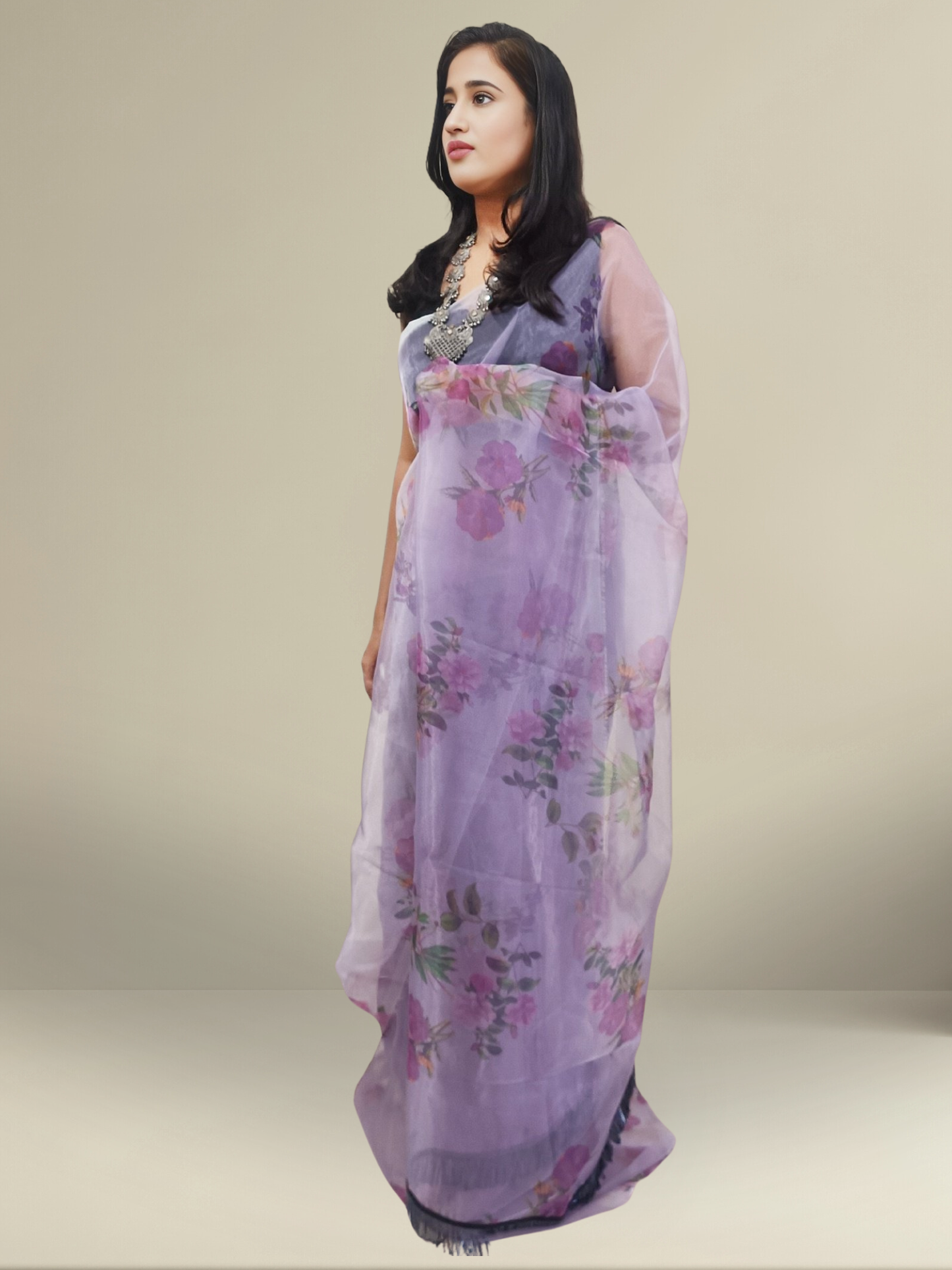 Printed Powder Purple Organza Saree