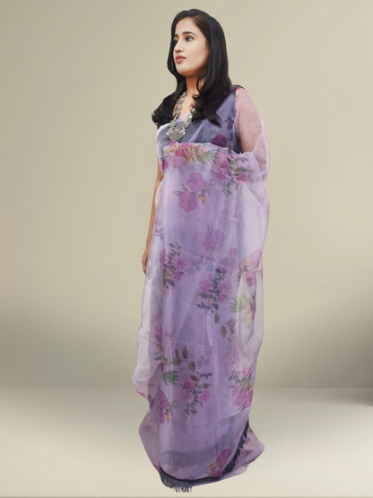 Printed Powder Purple Organza Saree