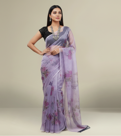Printed Powder Purple Organza Saree