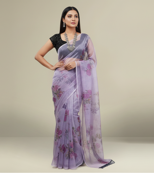 Printed Powder Purple Organza Saree