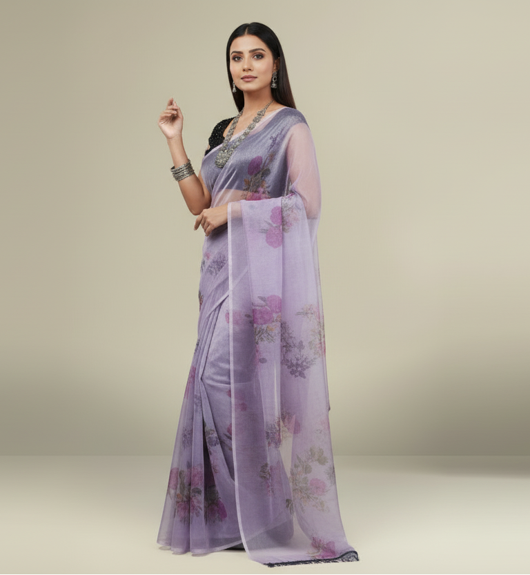 Printed Powder Purple Organza Saree