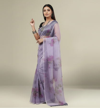 Printed Powder Purple Organza Saree