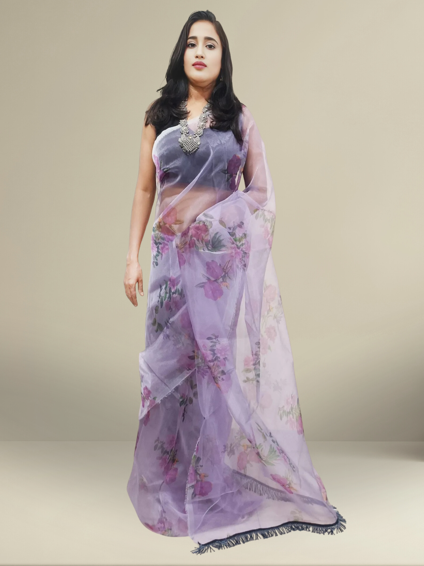 Printed Powder Purple Organza Saree