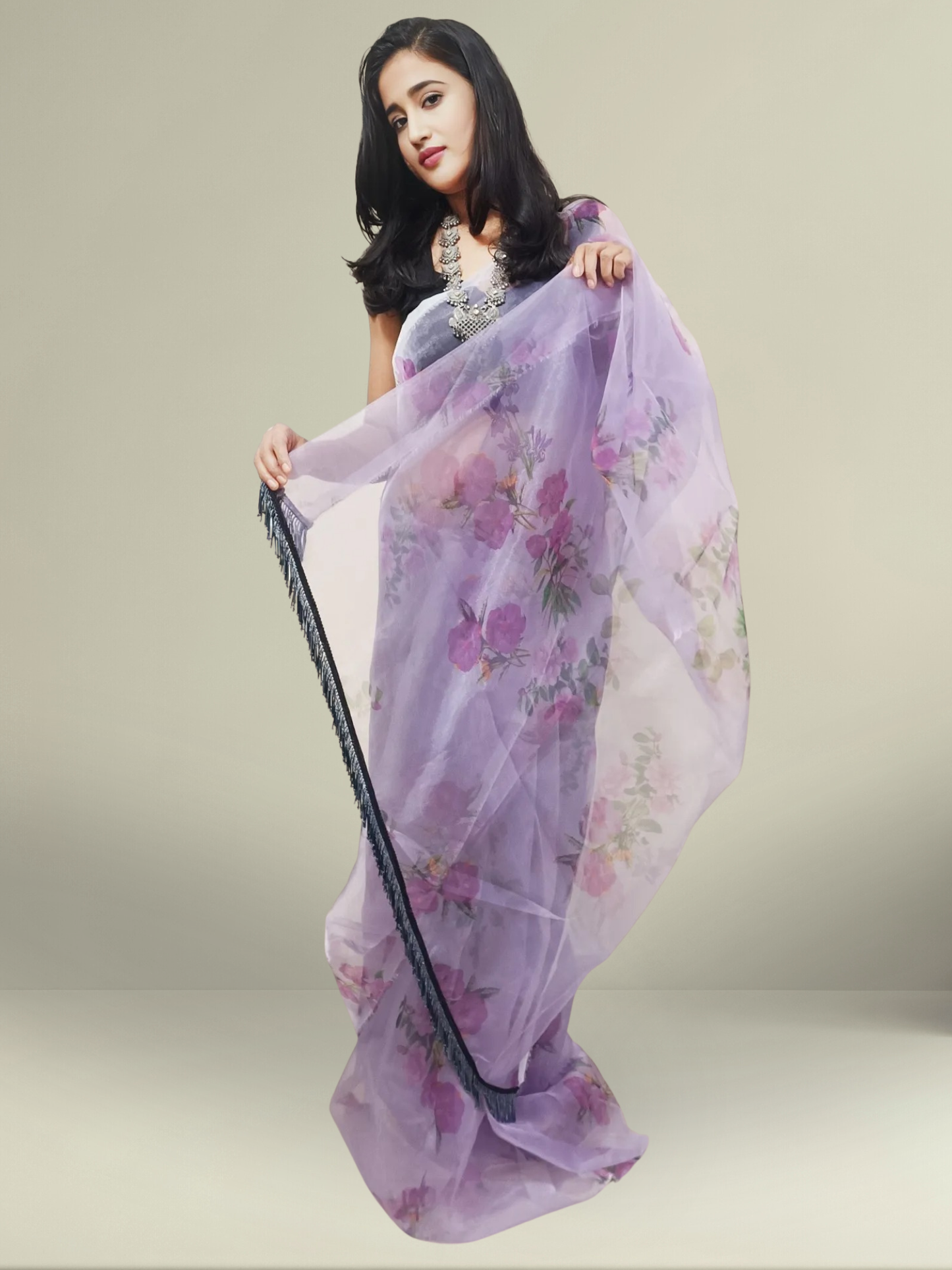Printed Powder Purple Organza Saree