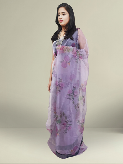 Printed Powder Purple Organza Saree