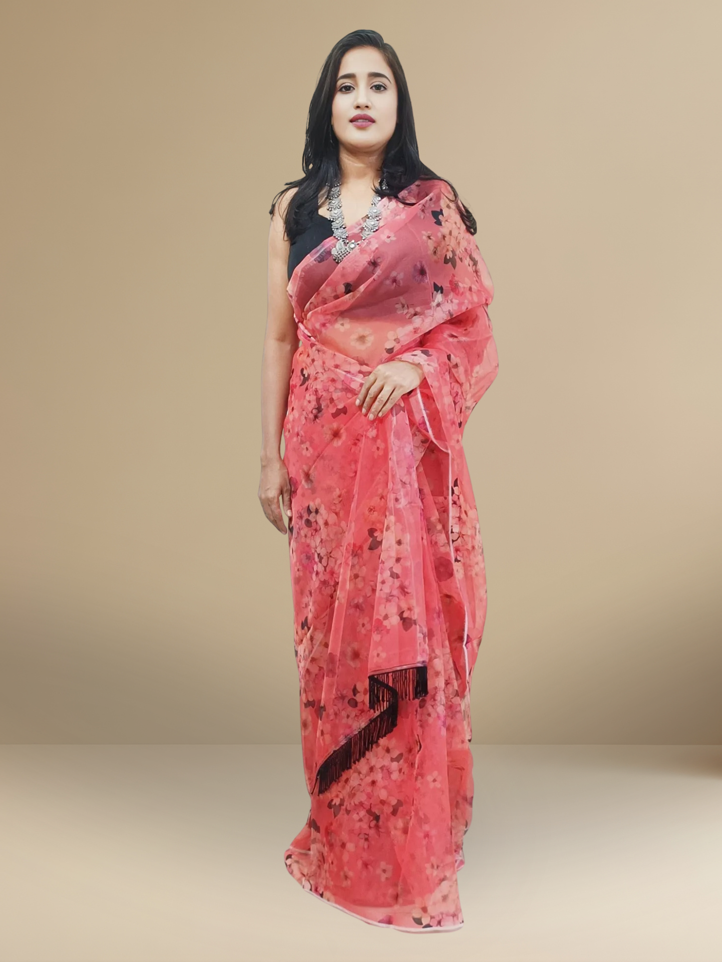 Printed Vermilion Organza Saree