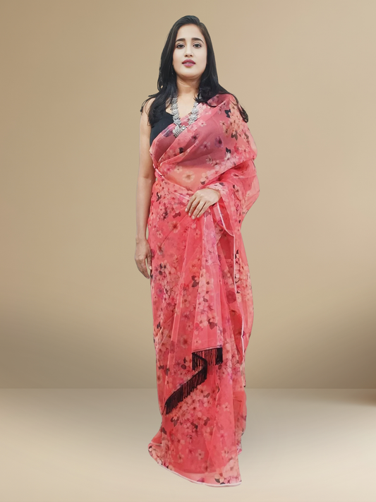 Printed Vermilion Organza Saree