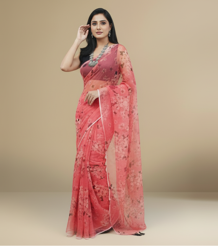 Printed Vermilion Organza Saree