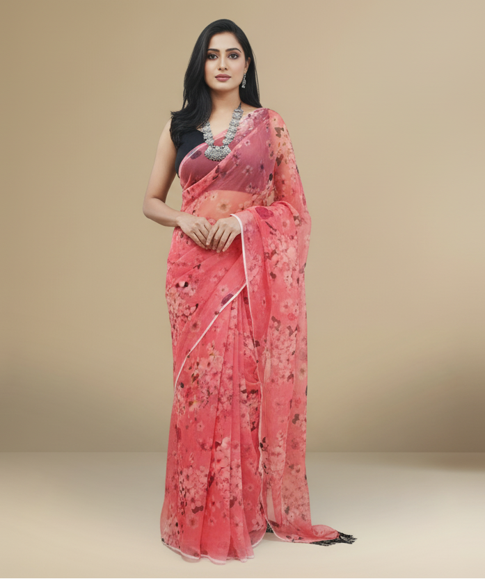 Printed Vermilion Organza Saree
