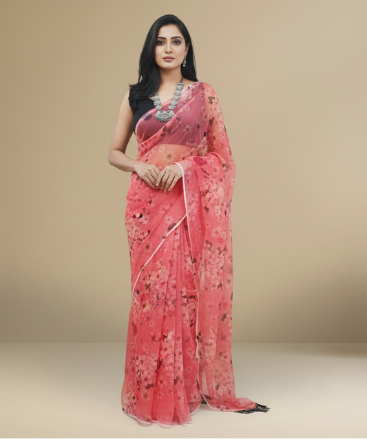 Printed Vermilion Organza Saree