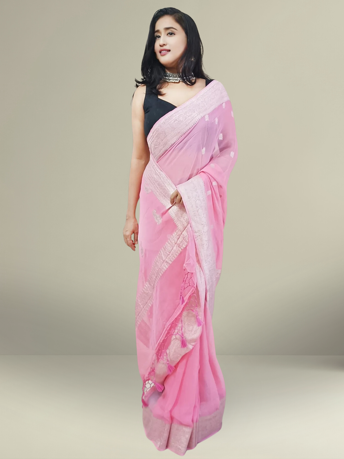 Baby Pink Banarasi Pure Khaddi Chiffon Saree