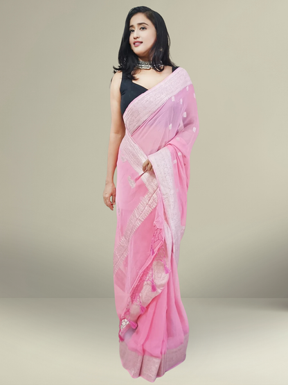 Baby Pink Banarasi Pure Khaddi Chiffon Saree