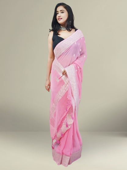 Baby Pink Banarasi Pure Khaddi Chiffon Saree