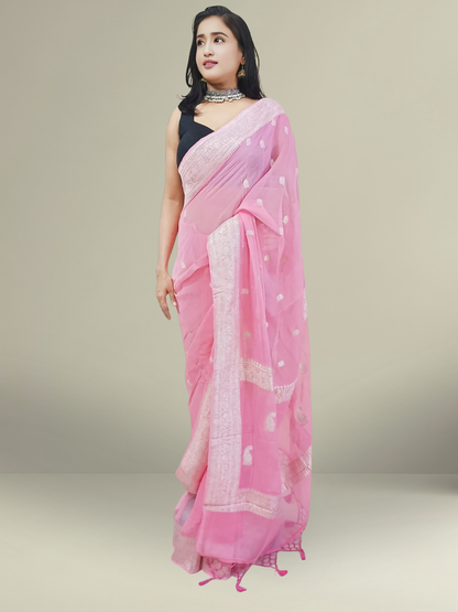 Baby Pink Banarasi Pure Khaddi Chiffon Saree