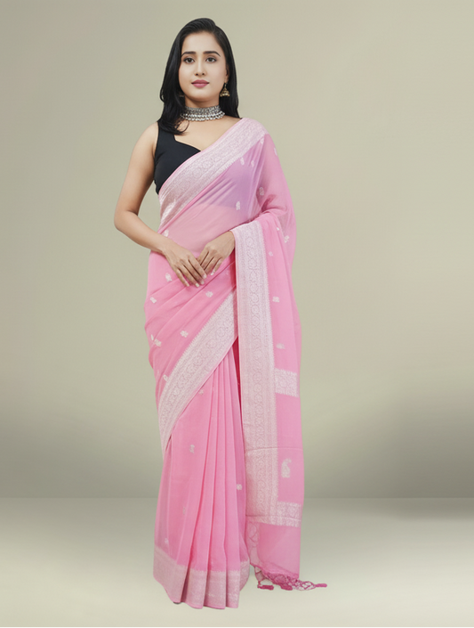 Baby Pink Banarasi Pure Khaddi Chiffon Saree