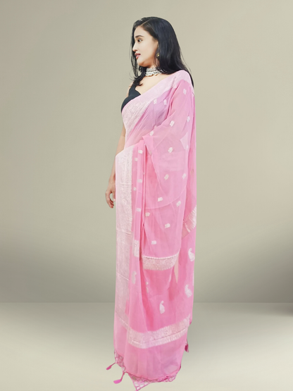 Baby Pink Banarasi Pure Khaddi Chiffon Saree