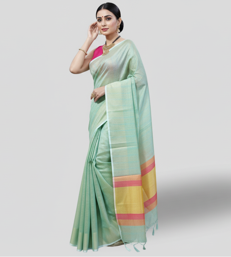 Pista Green Zari Checkered Poly Silk Saree